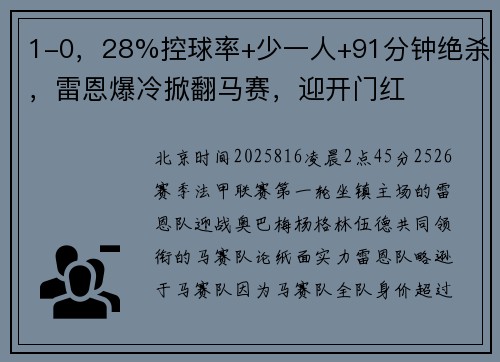 1-0，28%控球率+少一人+91分钟绝杀，雷恩爆冷掀翻马赛，迎开门红